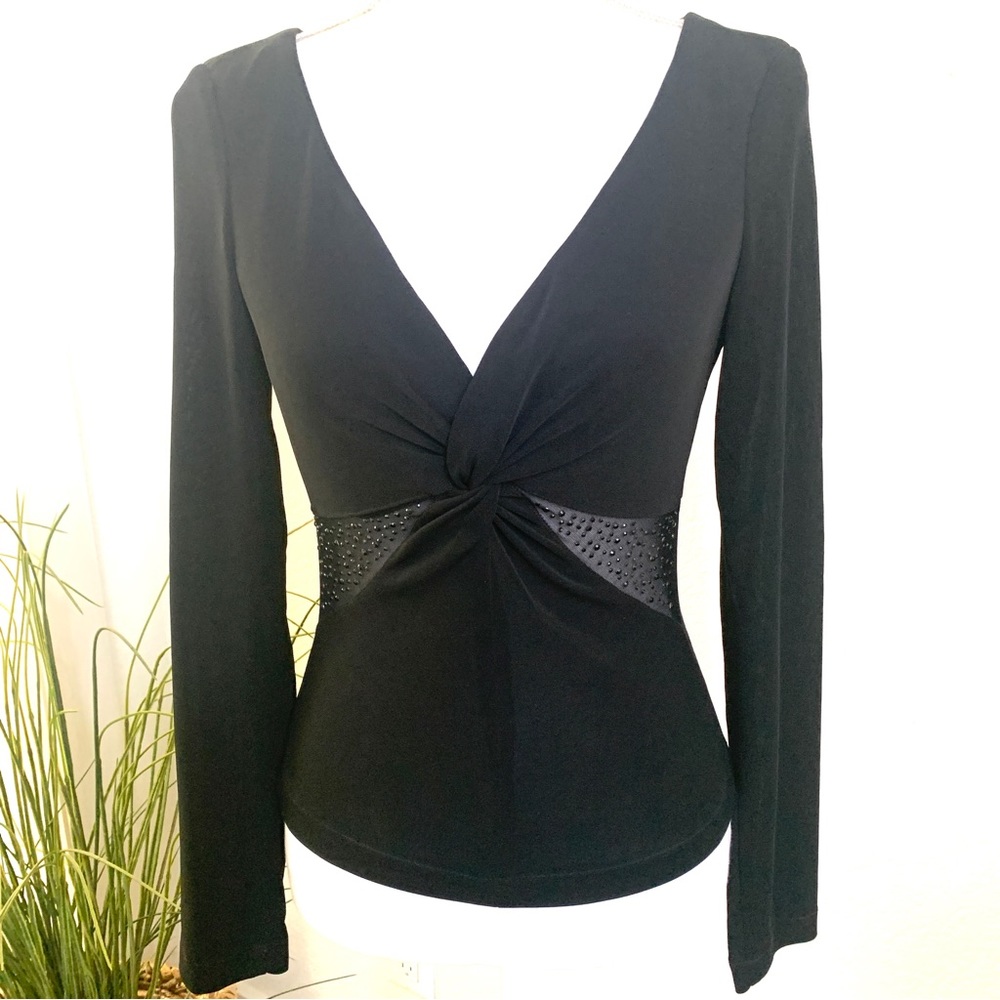 Veronique Young formal black twist front embroidered mesh blouse small